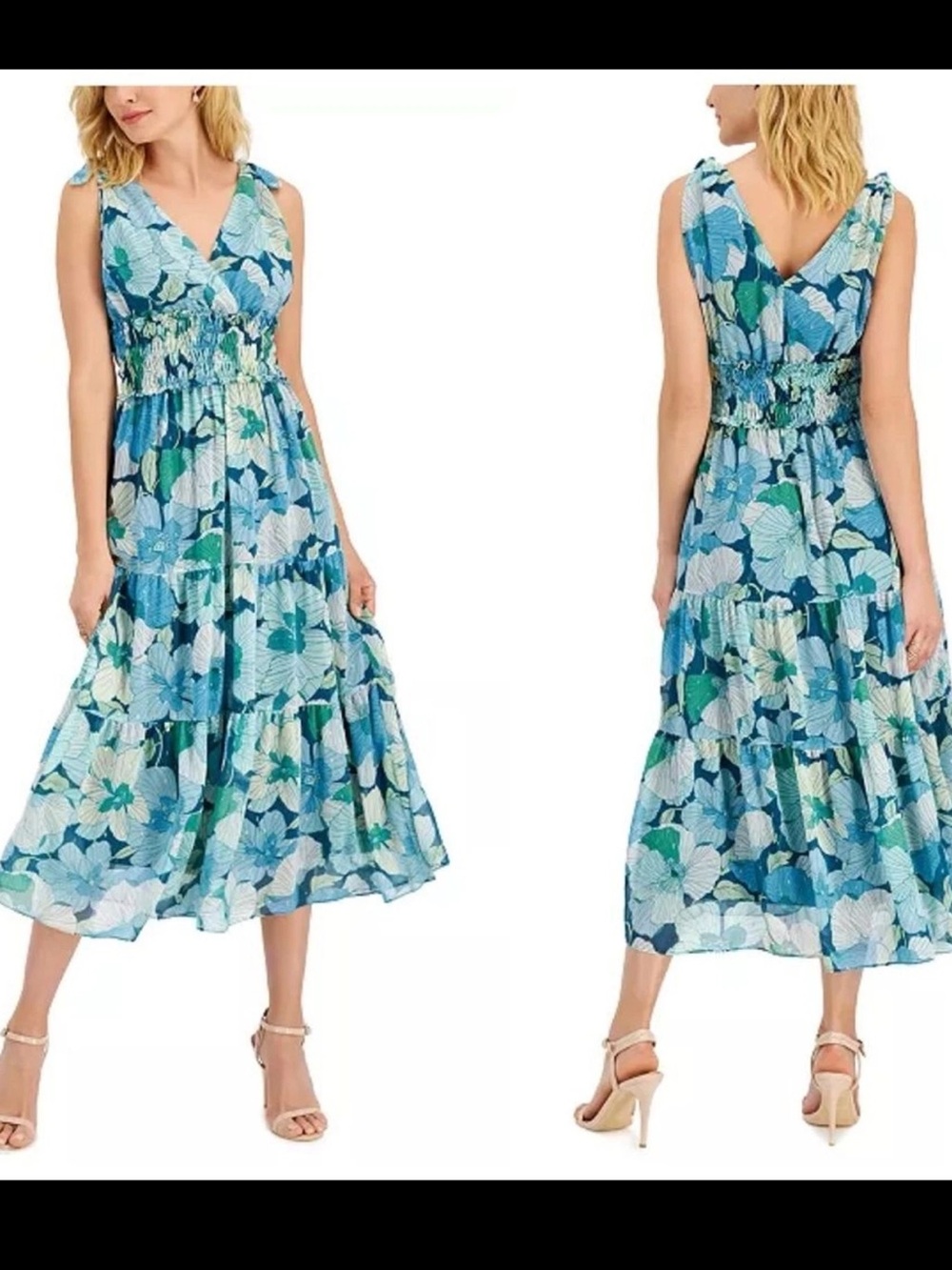 Taylor Metallic Floral Printed Smocked Waist Midi Dress